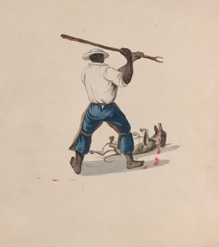 A Man Viewed From Behind Beating A Dog With A Stick Wall Art by Francisco Fierro - High-Resolution Digital Print