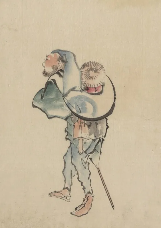 A Man Walking To The Left With A Large Hat Resting On His Back And Wearing Sandals Holding A Short Staff Possibly Used To Propell A Boat Wall Art by Katsushika Hokusai - High-Resolution Digital Print