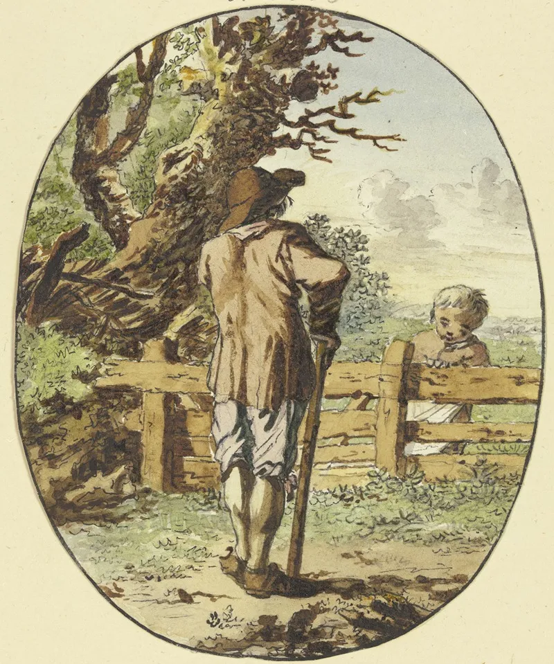 A Man With A Stick Stands At A Fence With His Back To The Viewer And A Child Stands On The Other Side Wall Art by Steven Goblé - High-Resolution Digital Print