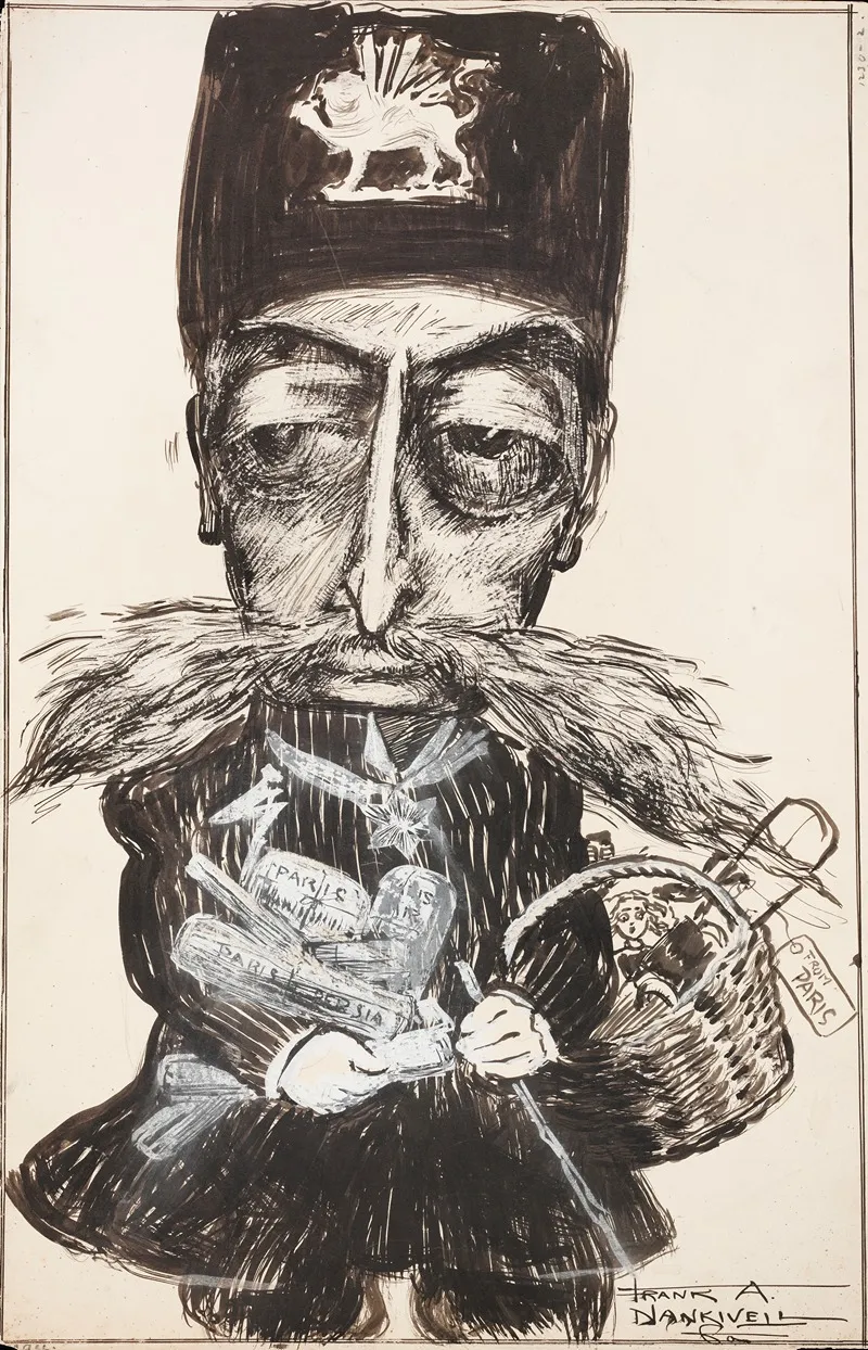 A Man With A Winged Lion On His Hat A Very Large Mustache And An Arm Full Of Package From Paris