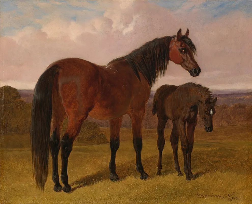 A Mare And Foal In A Landscape Wall Art by John Frederick Herring Snr. - High-Resolution Digital Print