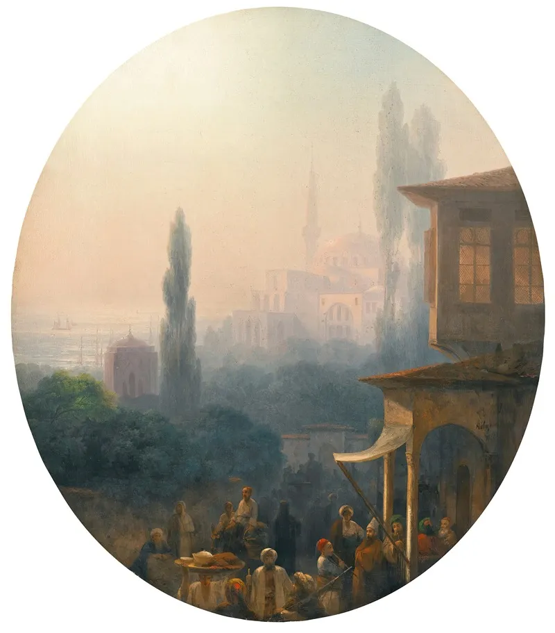 A Market Scene In Constantinople With The Hagia Sophia Beyond