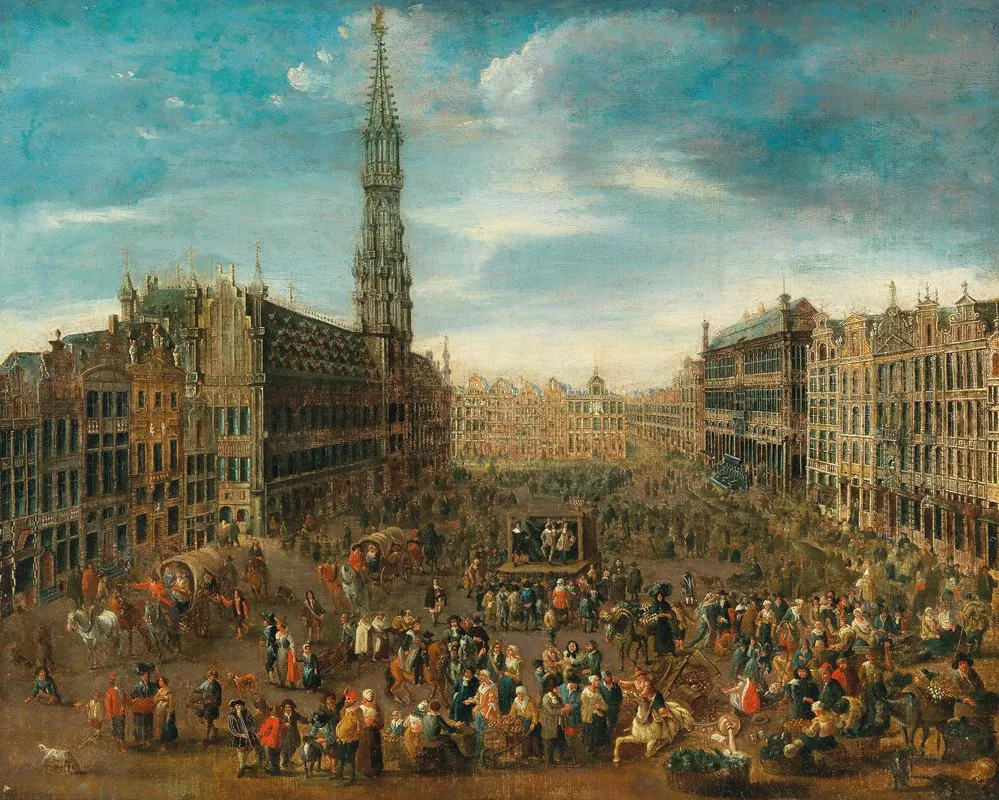 A Market Scene On The Grand Place In Brussels Wall Art by Flemish School - High-Resolution Digital Print