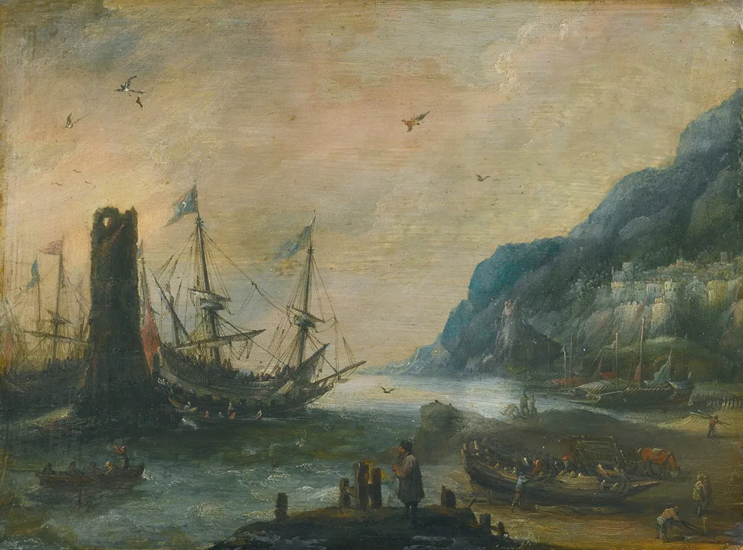 A Mediterranean Coastal Scene With A Tower Ships And Figures On The Shore Wall Art by Andries van Eertvelt - High-Resolution Digital Print