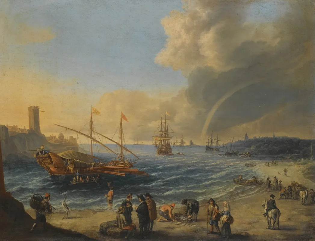 A Mediterranean Harbour Scene With An Ottoman Barge And Other Boats Figures On The Beach A Rainbow In The Distance