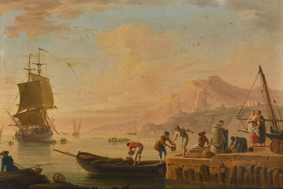 A Mediterranean Harbour Scene With Fishermen Unloading Their Boats Wall Art by Charles-François Grenier De Lacroix - High-Resolution Digital Print