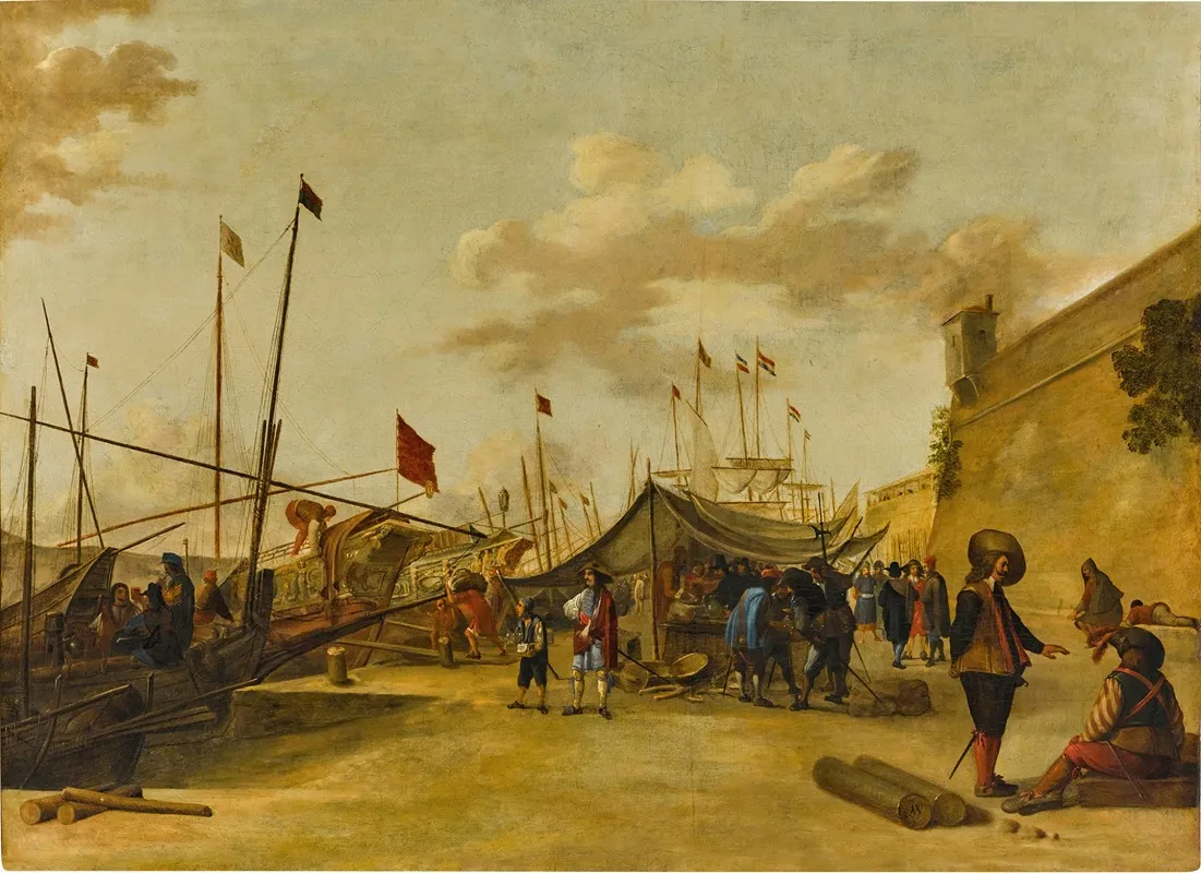A Mediterranean Harbour Scene With Trading Barges And Dutch Shipping Wall Art by Genoese School - High-Resolution Digital Print