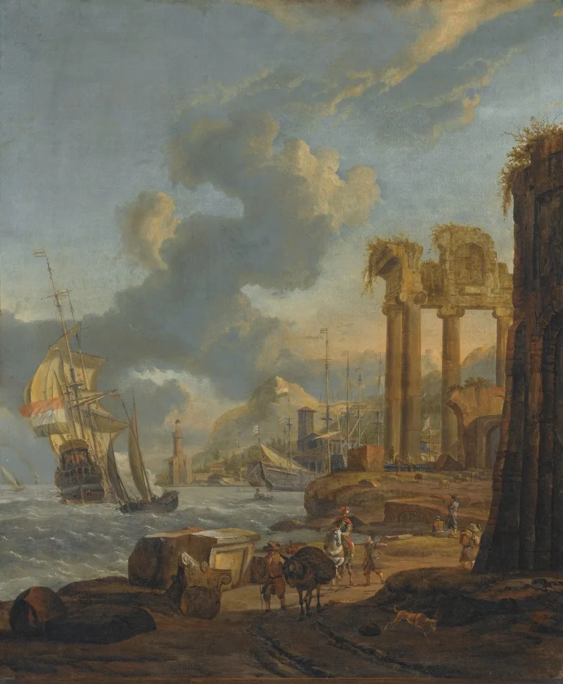 A Mediterranean Harbour Scene With Travellers On The Shore A Dutch Man Of War On The Left