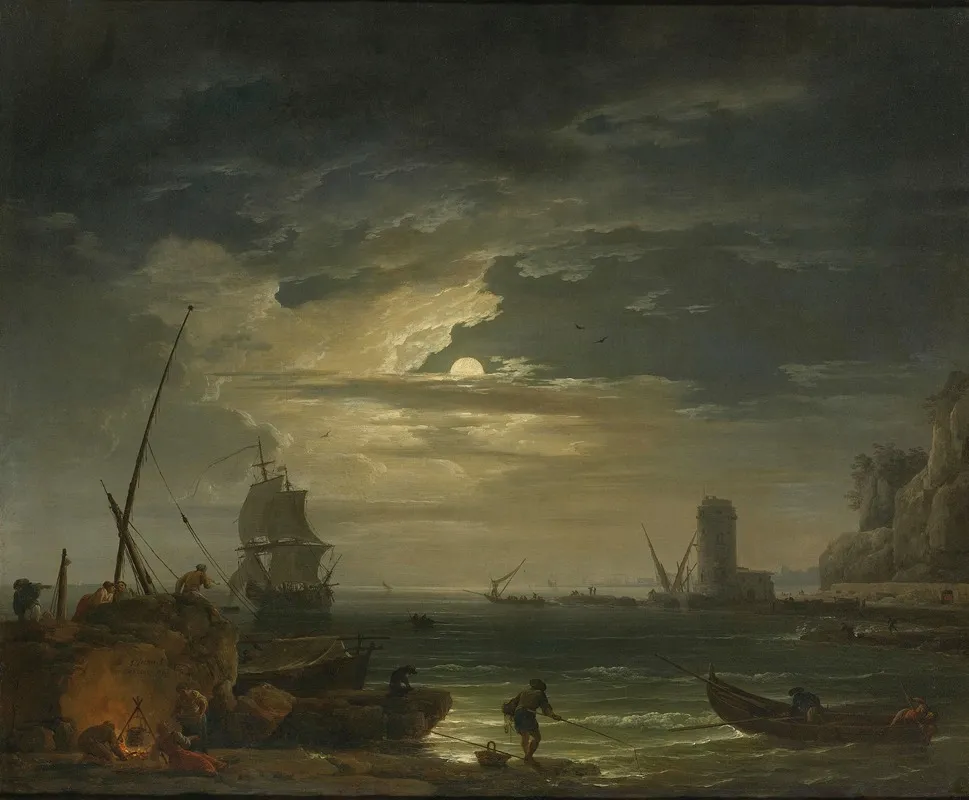 A Mediterranean Inlet By Moonlight Wall Art by Claude-Joseph Vernet - Canvas Print