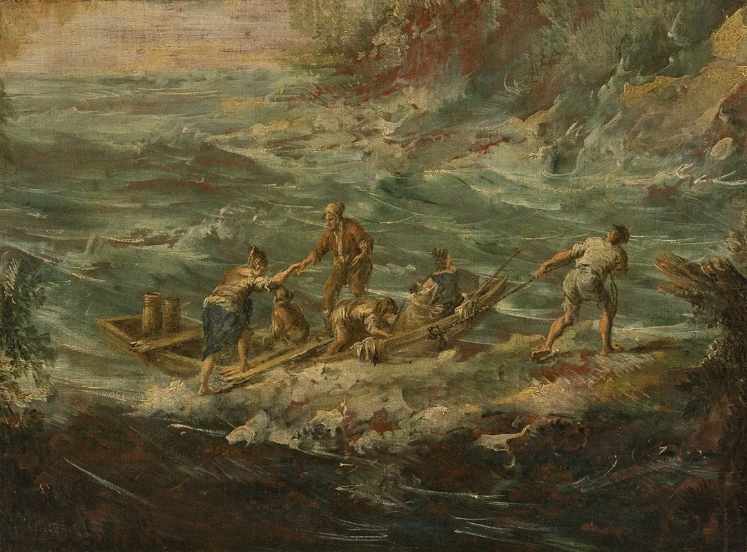 A Mediterranean Landscape With Figures Boarding A Boat In Choppy Seas Wall Art by Antonio Francesco Peruzzini - High-Resolution Digital Print