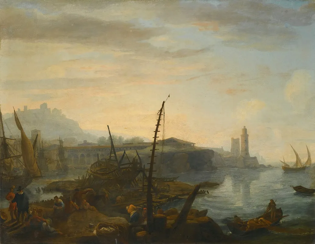 A Mediterranean Port With Figures Resting And Fishermen Drawing In Their Nets In The Foreground A Tower Beyond