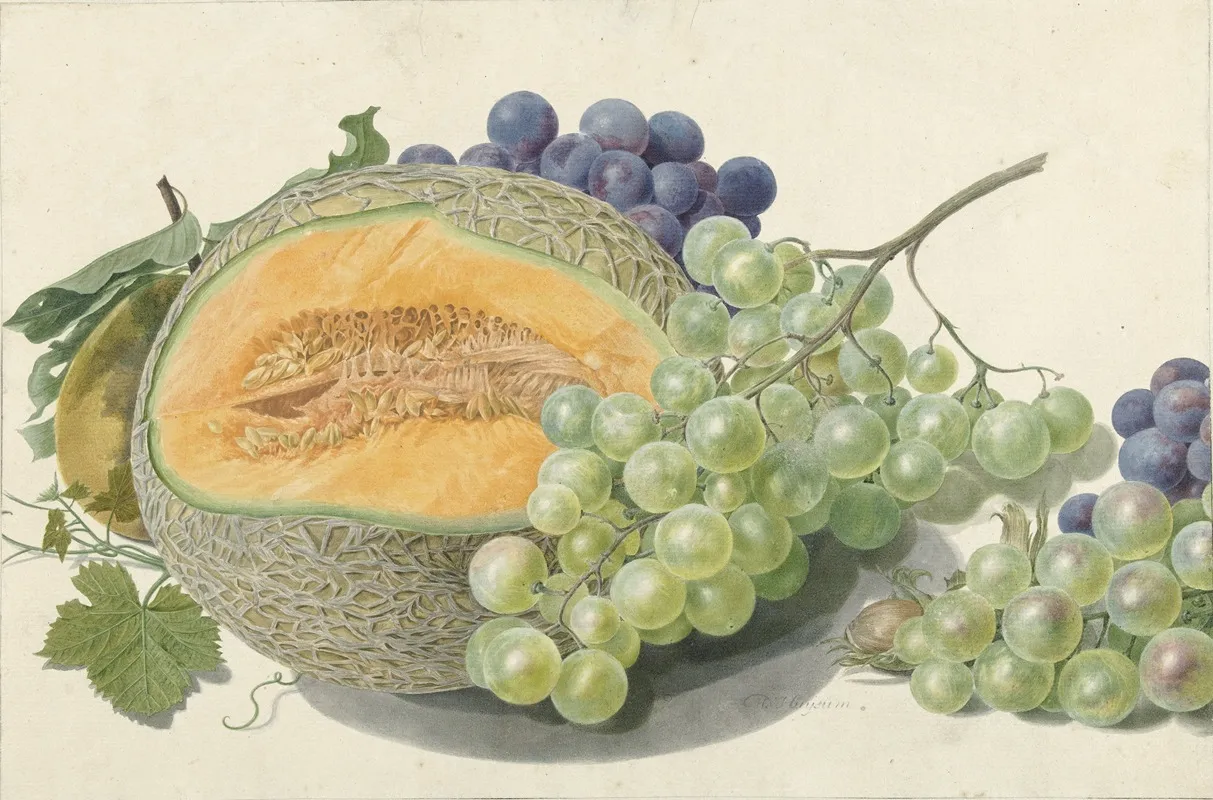 A Melon Bunches Of Grapes A Peach And Hazelnuts Wall Art by Michiel van Huysum - High-Resolution Digital Print
