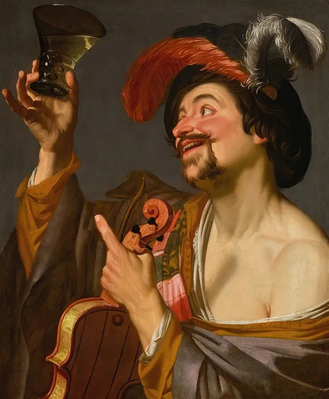 A Merry Violinist Holding A Roemer Wall Art by Gerard van Honthorst - High-Resolution Digital Print