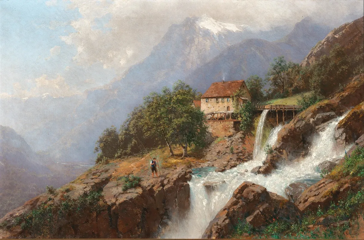 A Mill By A Mountain Stream Wall Art by Robert Schultze - High-Resolution Digital Print