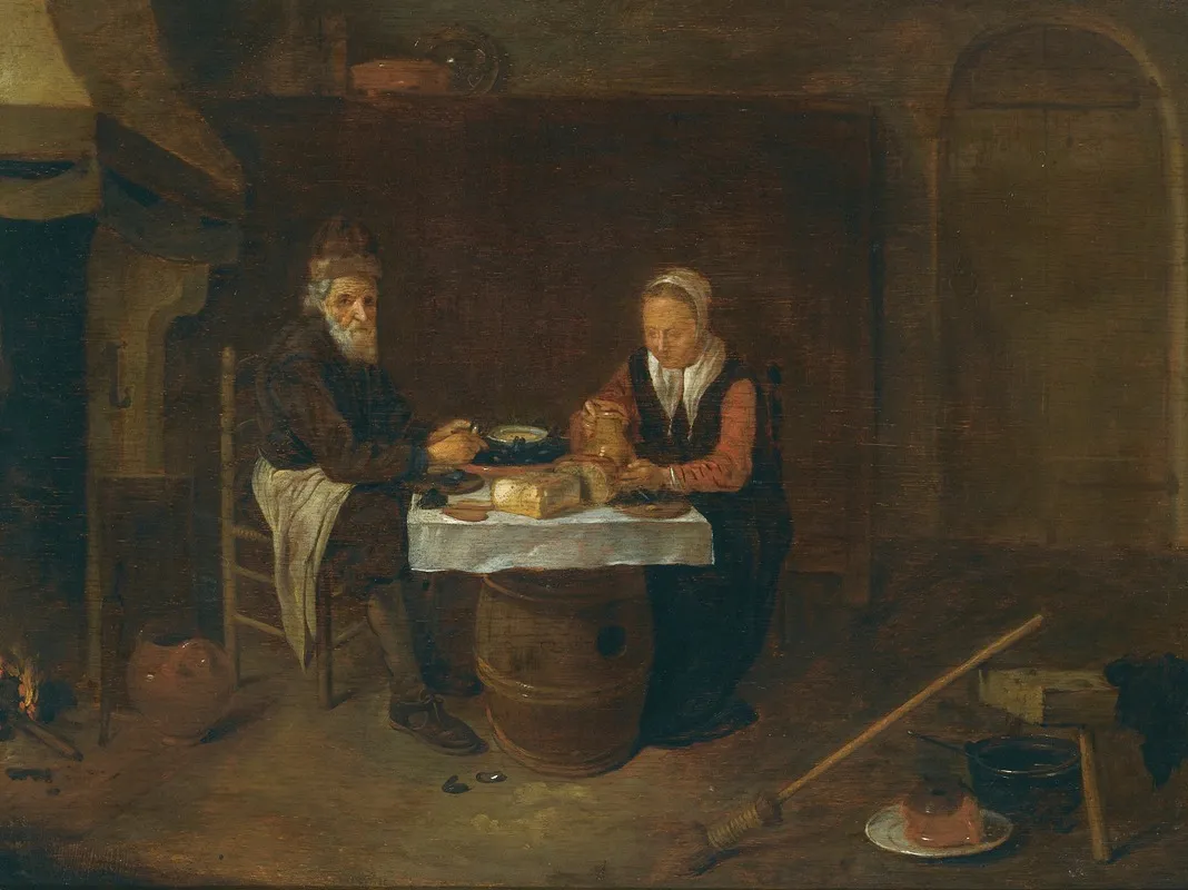 A Modest Interior With An Elderly Couple Seated At A Table Eating Mussels And Bread Wall Art by Quirijn Van Brekelenkam - High-Resolution Digital Print