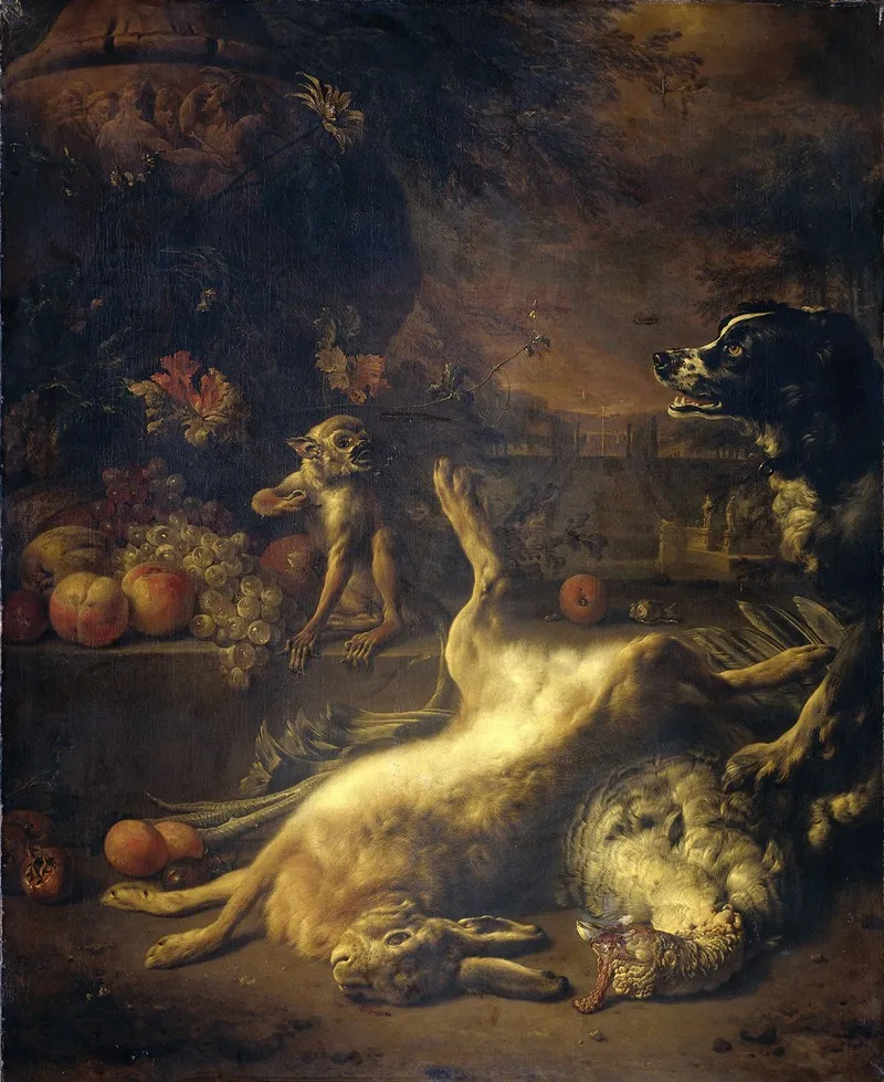 A Monkey And A Dog With Dead Game And Fruit Wall Art by Jan Weenix - High-Resolution Digital Print