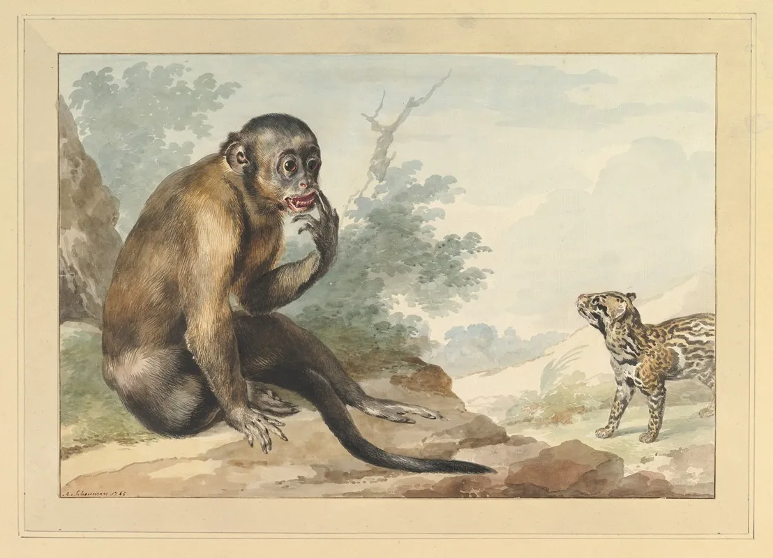 A Monkey Sitting On A Rock Looking At A Civet Wall Art by Aert Schouman - High-Resolution Digital Print