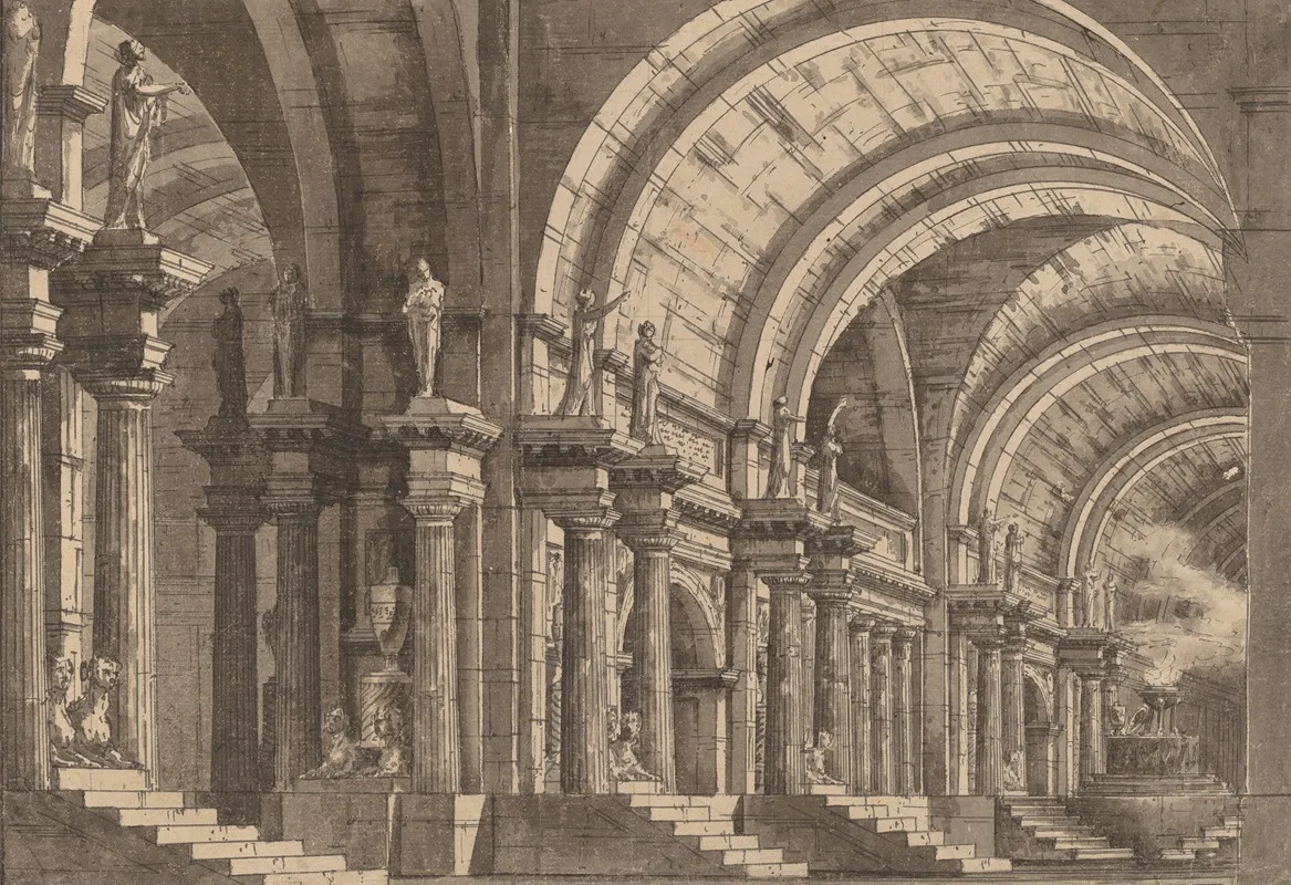 A Monumental Vaulted Hall With A Smoking Altar Wall Art by Luigi Tasca - High-Resolution Digital Print