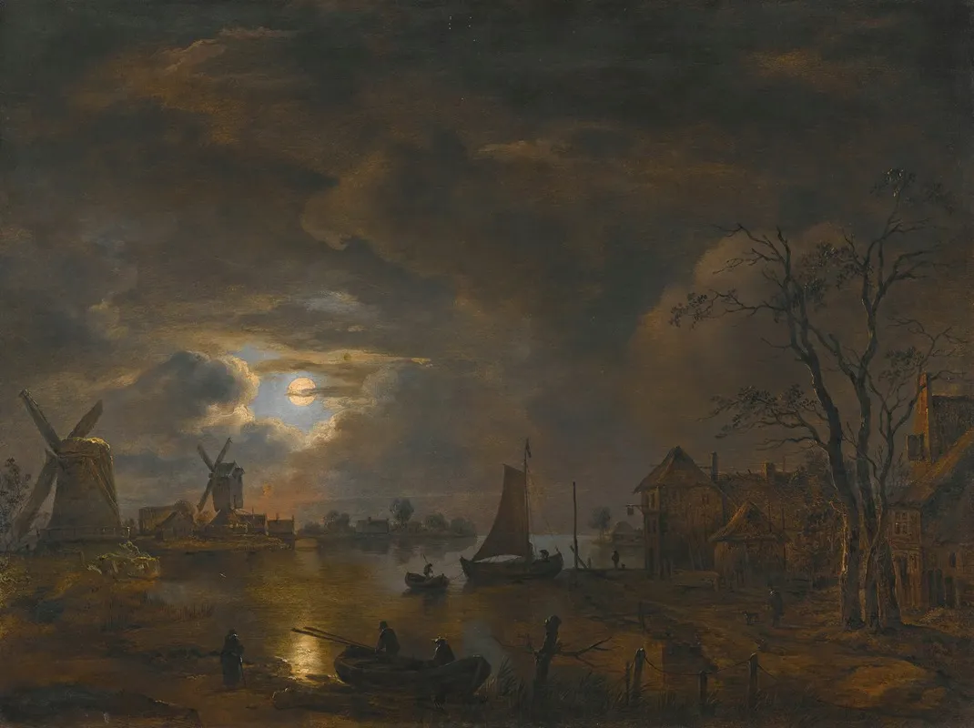 A Moonlight Landscape With Windmills Along The Banks Of A River Wall Art by Follower of Aert van der Neer - High-Resolution Digital Print