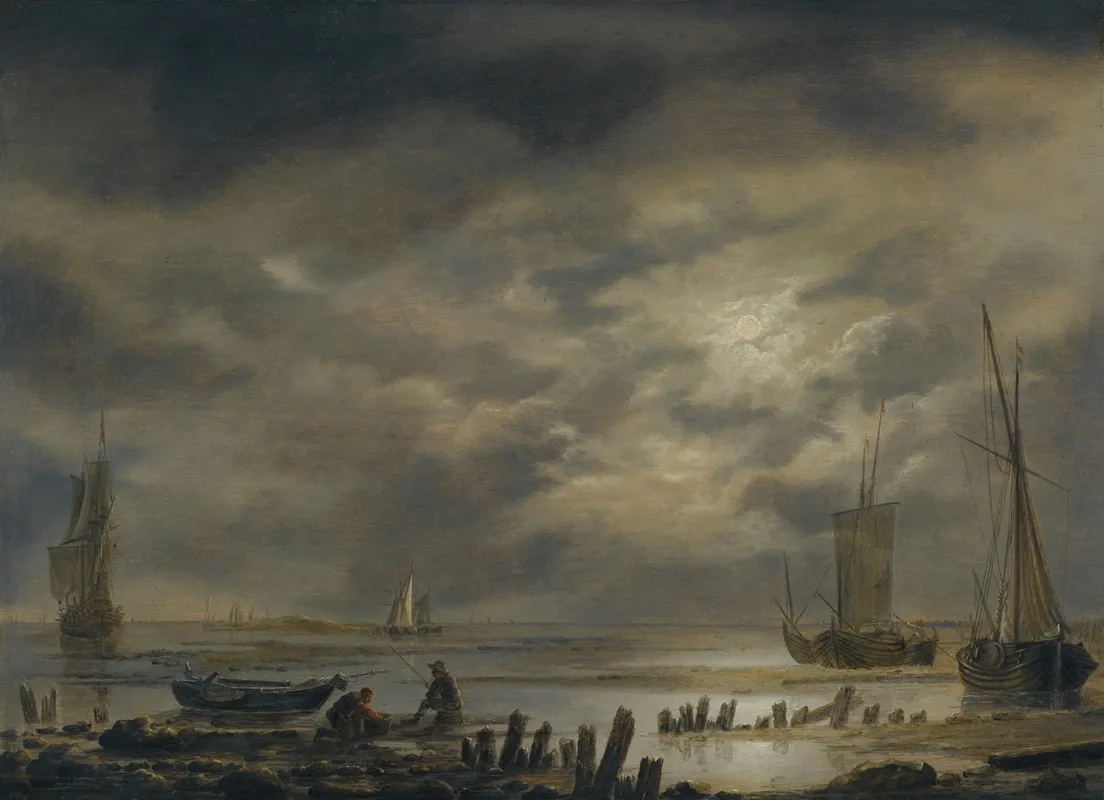 A Moonlit Coastal Landscape With Fishermen In The Foreground Wall Art by Hendrick Jacobsz. Dubbels - High-Resolution Digital Print