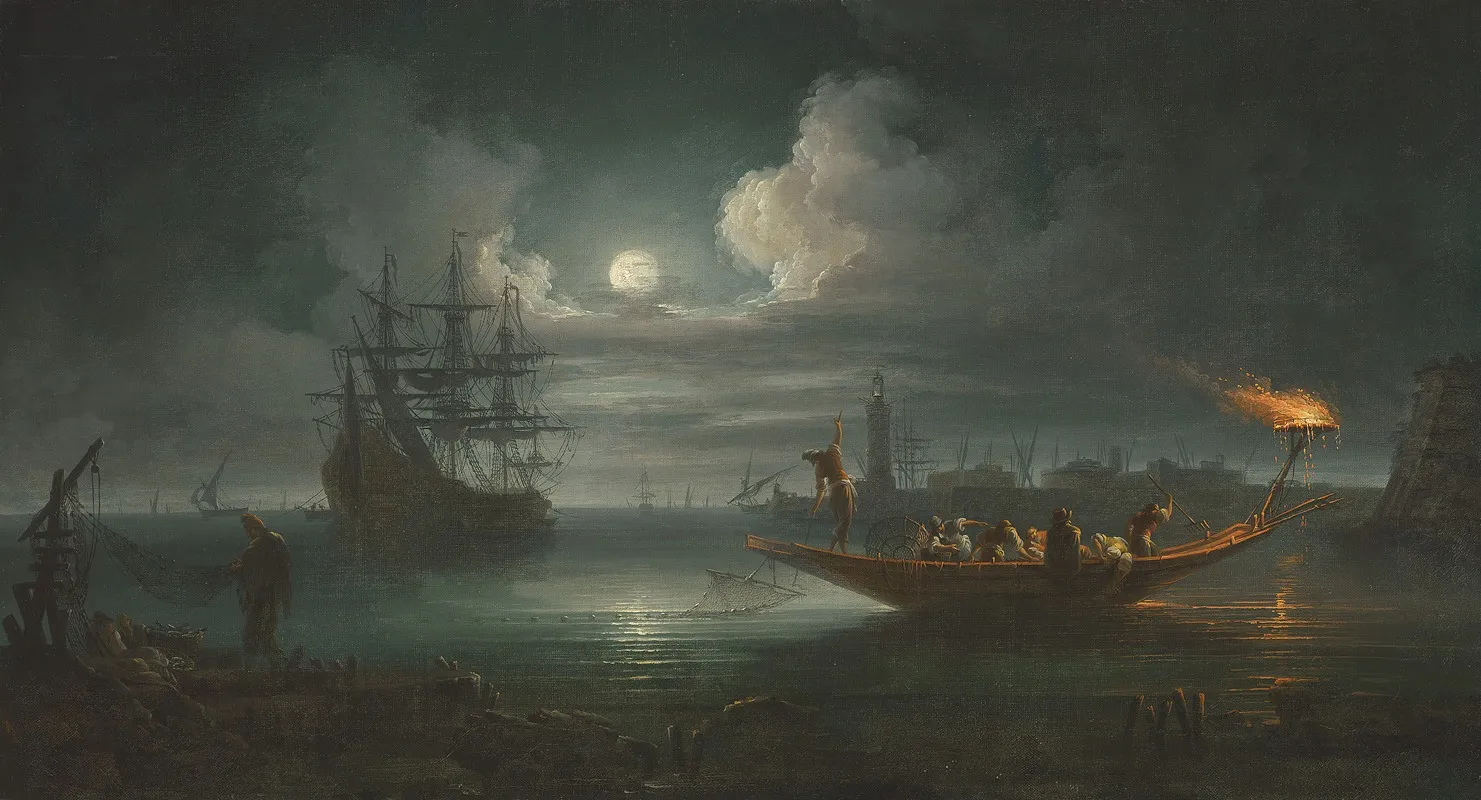 A Moonlit Mediterranean Harbour With Fishermen Pulling In Their Catch A Full Rigged Pinnace And Other Shipping Beyond Wall Art by Francesco Fidanza - High-Resolution Digital Print