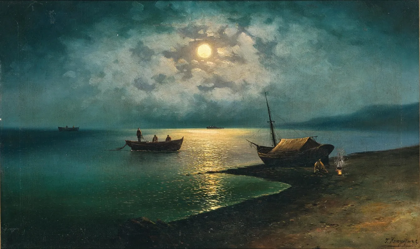 A Moonlit Night On The Shore Wall Art by Grigori Ivanovitch Kapustin - High-Resolution Digital Print