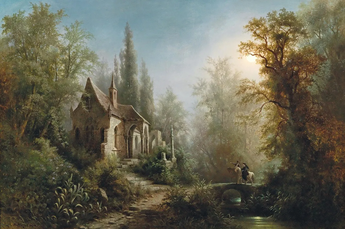 A Moonlit Night Over A Chapel And Riders