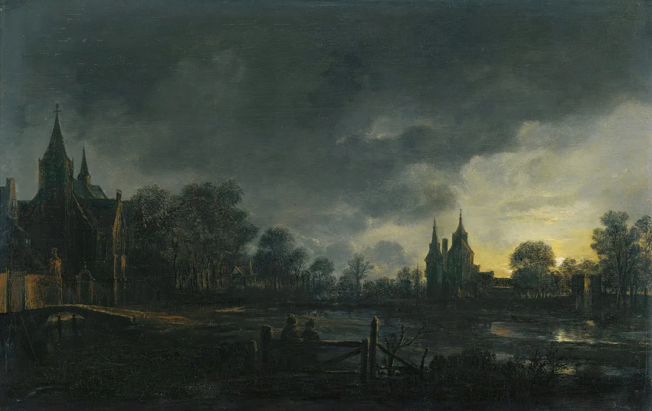 A Moonlit River Landscape With Figures Standing By A Gate A Village Beyond