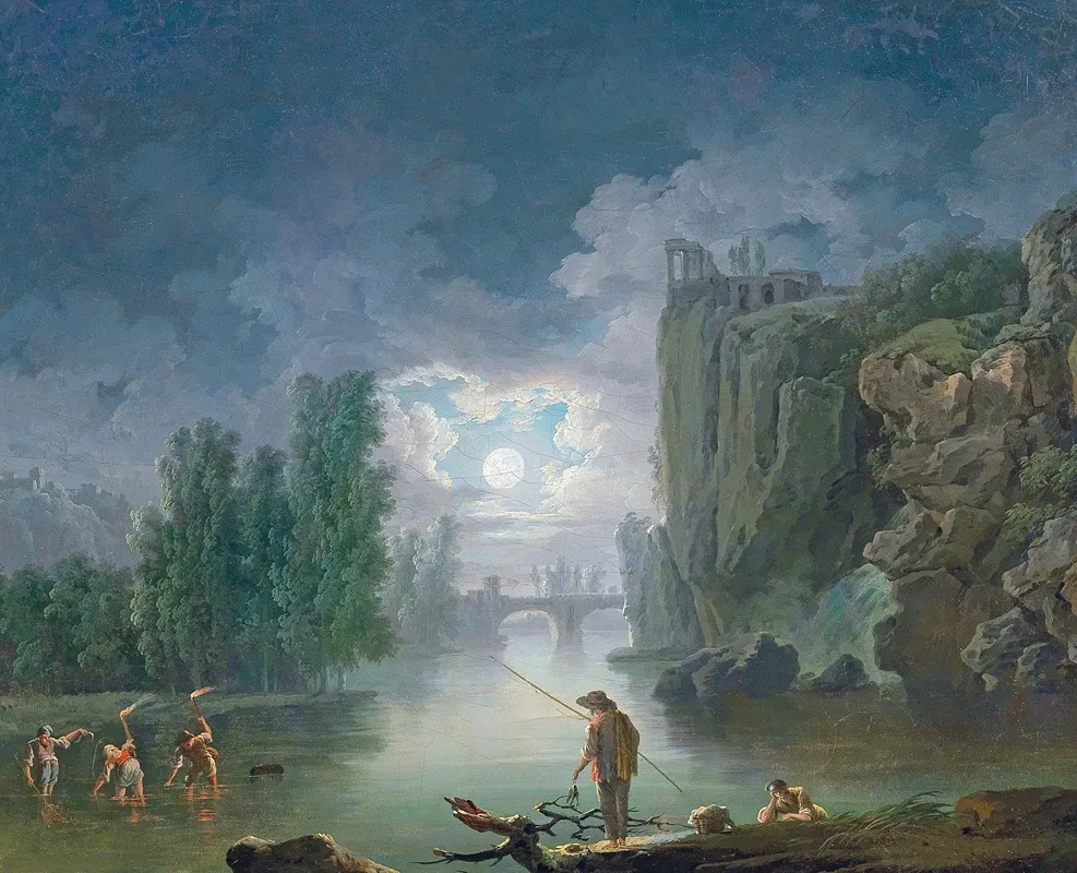 A Moonlit River Landscape With Fishermen Working By Torchlight The Temple Of Vesta In The Right Background Wall Art by Francesco Fidanza - High-Resolution Digital Print