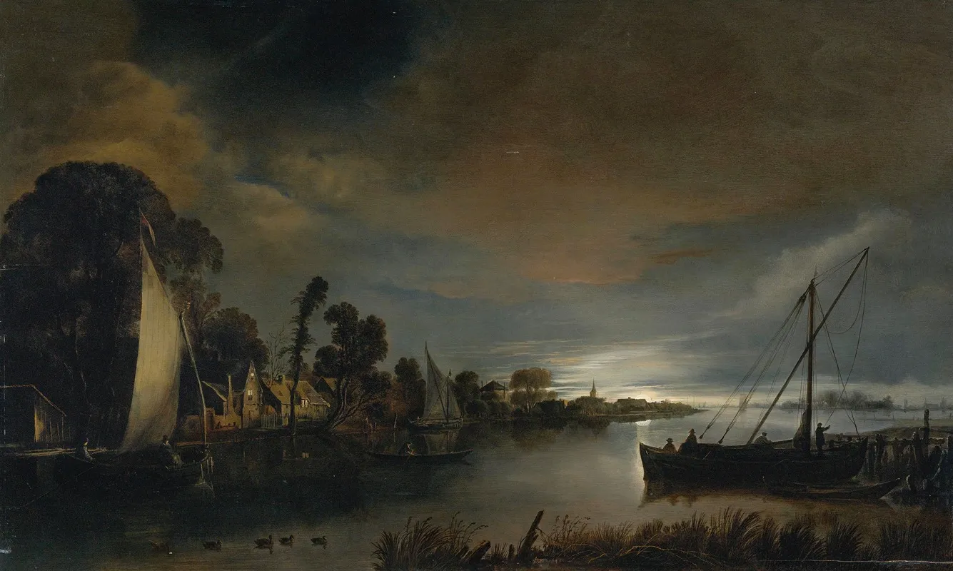 A Moonlit River Landscape Wall Art by Anthonie Van Borssum - High-Resolution Digital Print