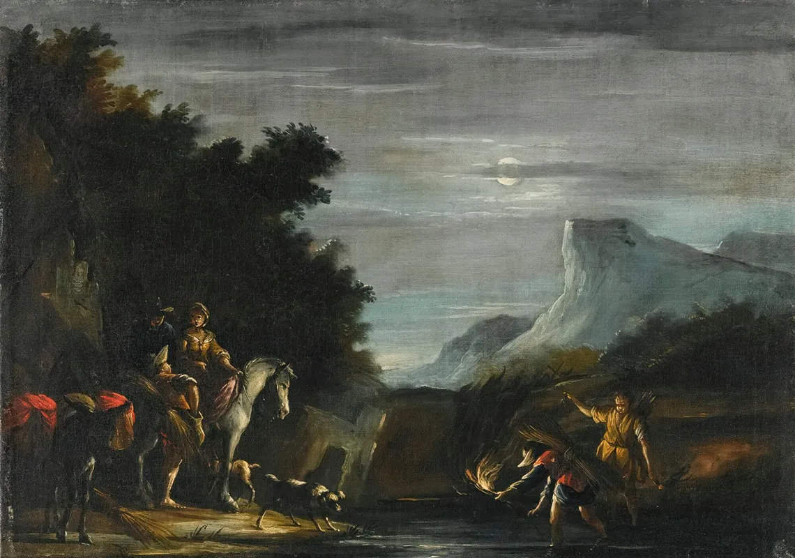 A Moonlit Scene With Travellers Crossing A Stream Wall Art by Emilian School - High-Resolution Digital Print