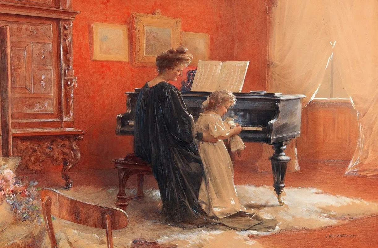 A Mother And Her Little Daughter At The Piano Wall Art by Carl Pietzner - High-Resolution Digital Print