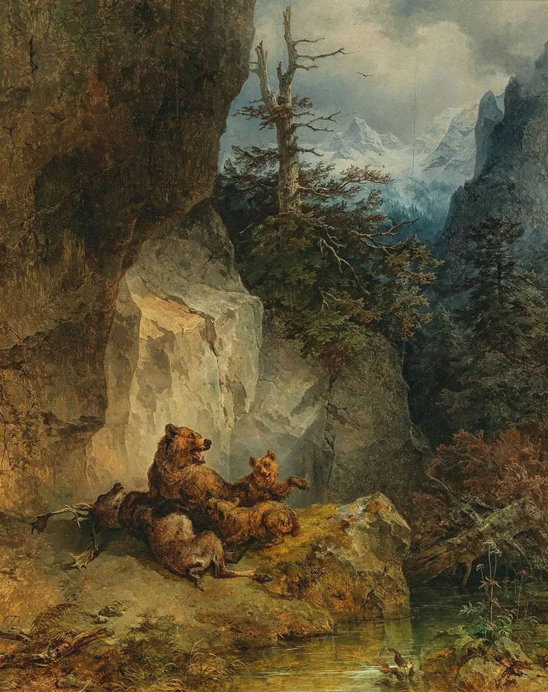 A Mother Bear And Her Cubs With A Stag