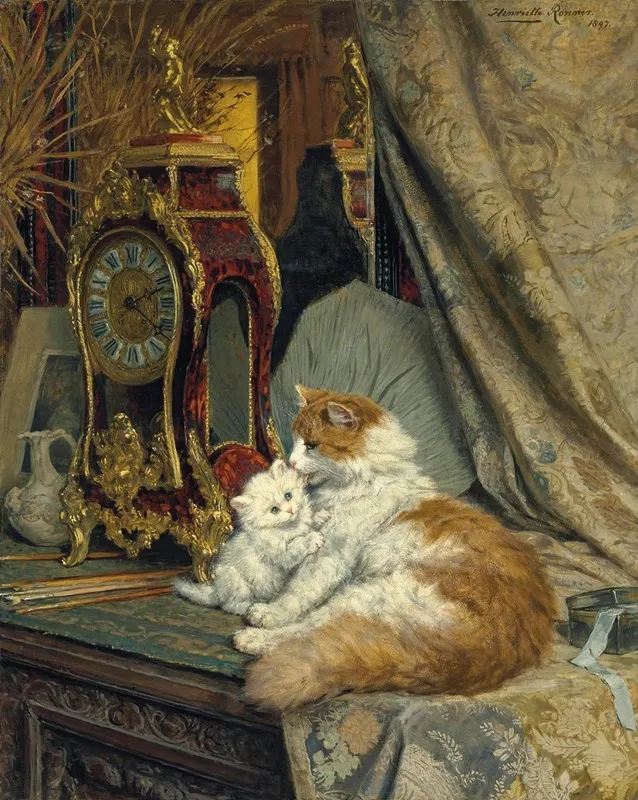 A Mother Cat And Her Kitten With A Bracket Clock