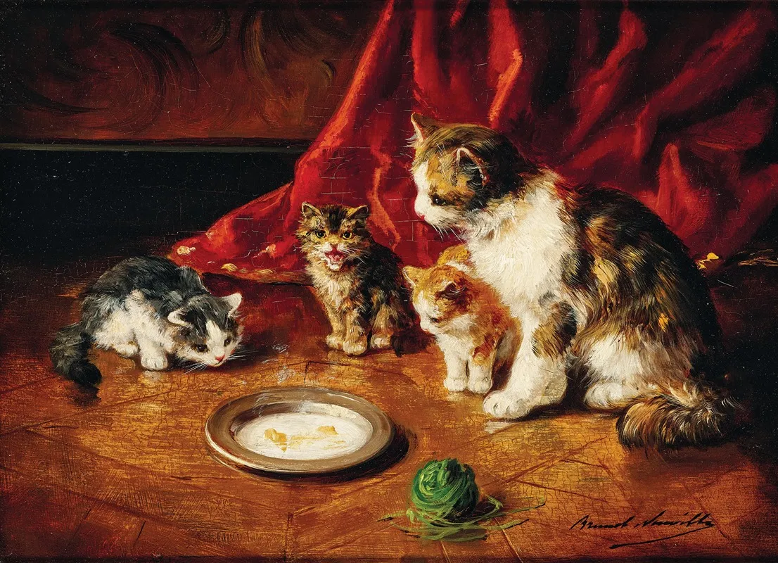 A Mother Cat With Kittens In Front Of A Milk Bowl