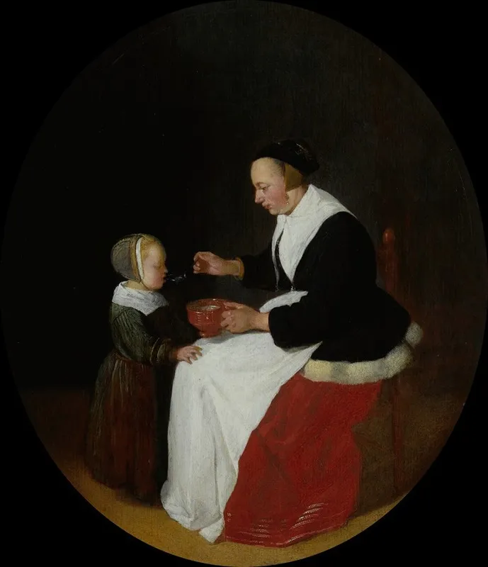 A Mother Feeding Porridge To Her Child Wall Art by Quirijn Van Brekelenkam - High-Resolution Digital Print