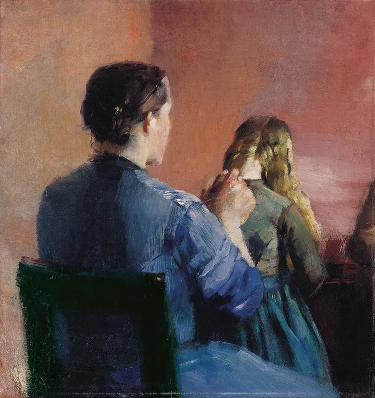 A Mother Plainting Her Little Daughters Hair