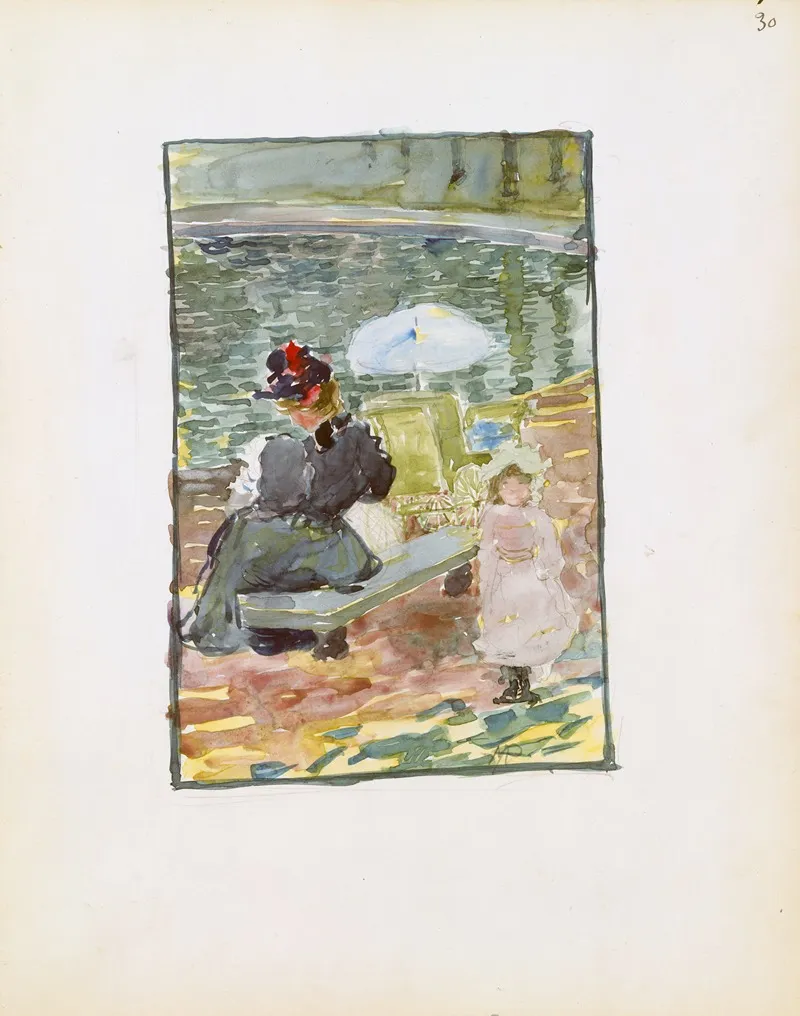 A Mother Sitting At The Edge Of A Pond With Her Baby And A Young Daughter Wall Art by Maurice Prendergast - High-Resolution Digital Print