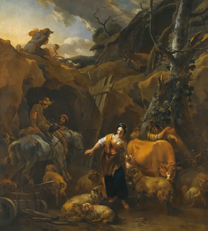A Mountainous Italianate Landscape With Milkmaids And Other Figures
