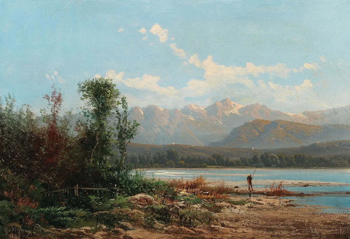 A Mountainous Lake Landscape With Fisherman