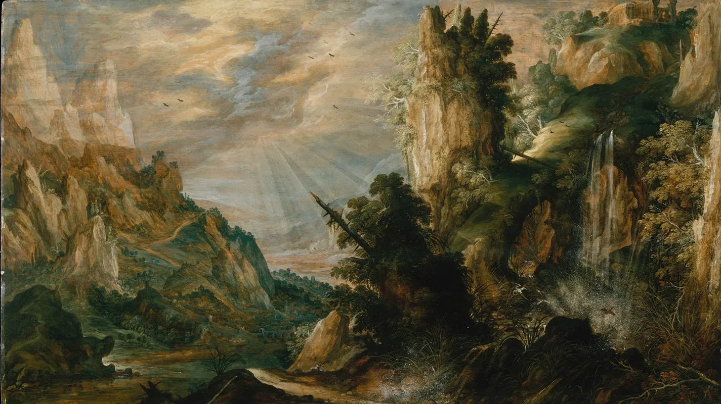 A Mountainous Landscape With A Waterfall Wall Art by Kerstiaen de Keuninck - High-Resolution Digital Print