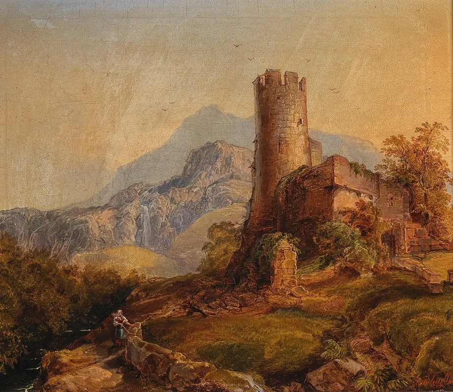 A Mountainous Landscape With Castle Ruins And Figures Wall Art by Julius Theodor Gruss - High-Resolution Digital Print