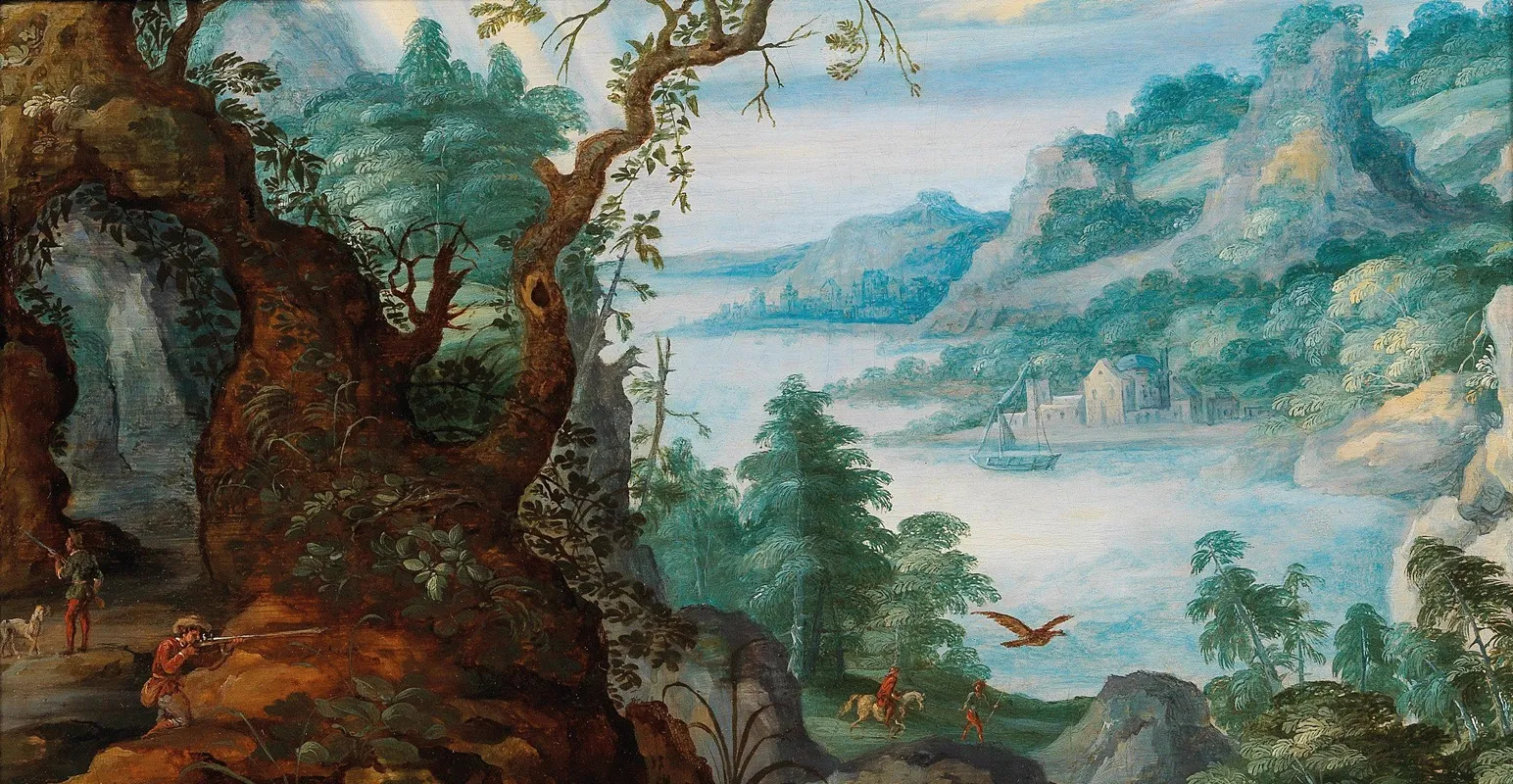 A Mountainous Landscape With Huntsmen Wall Art by Marten Ryckaert - High-Resolution Digital Print
