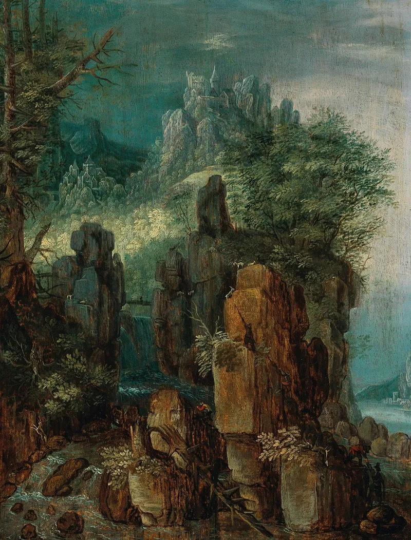 A Mountainous River Landscape With Figures And Goats A Village Beyond