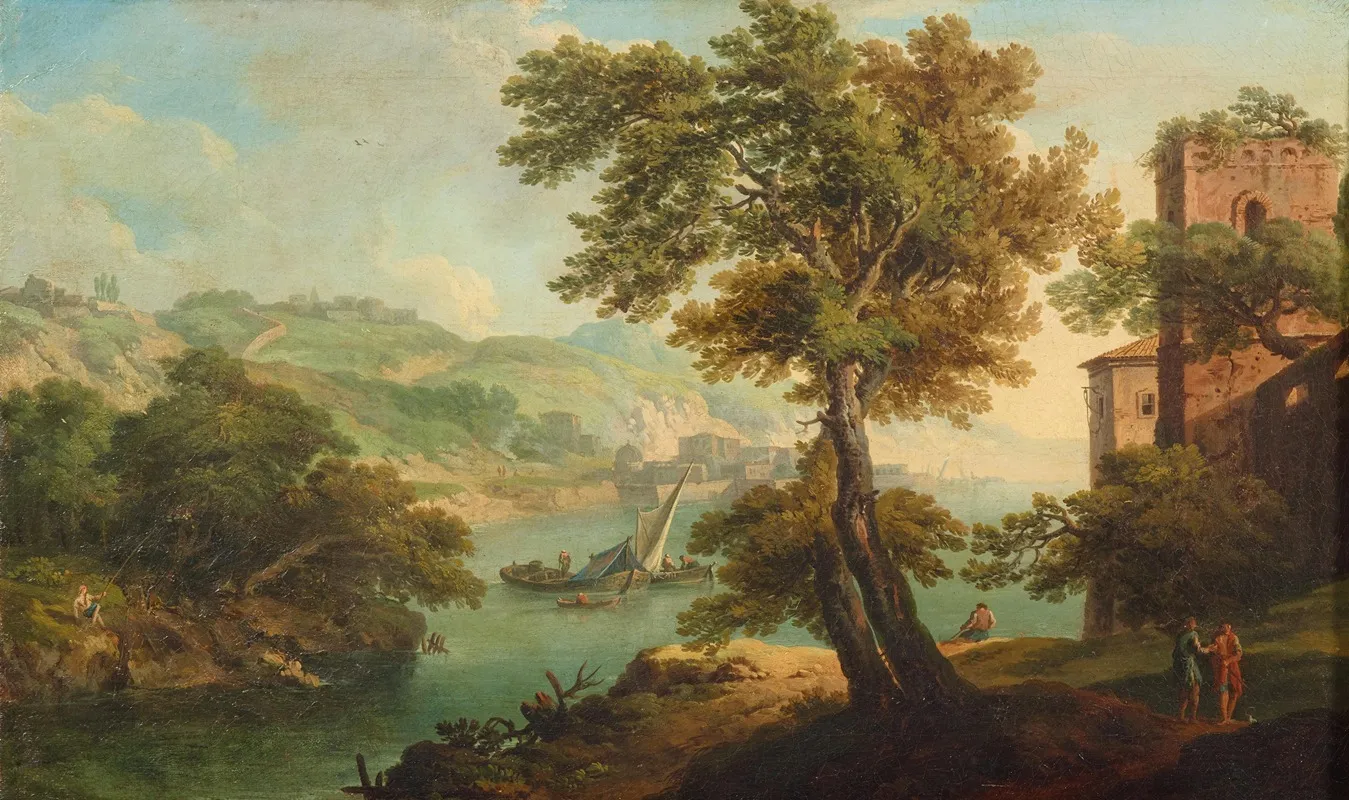 A Mountainous River Landscape With Fishermen A Village Beyond Wall Art by Paolo Anesi - High-Resolution Digital Print
