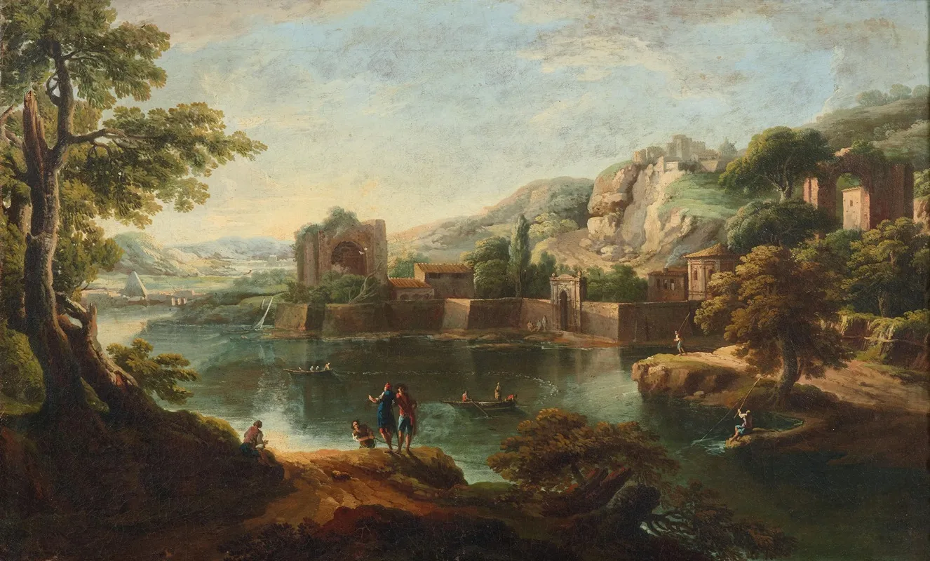 A Mountainous River Landscape With Fishing Boats And Anglers Roman Ruins Beyond Wall Art by Paolo Anesi - High-Resolution Digital Print