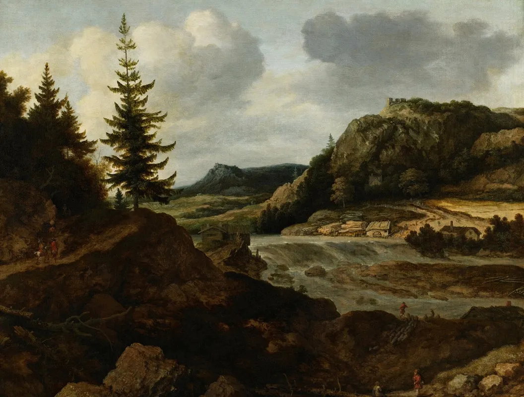 A Mountainous River Landscape With Travellers