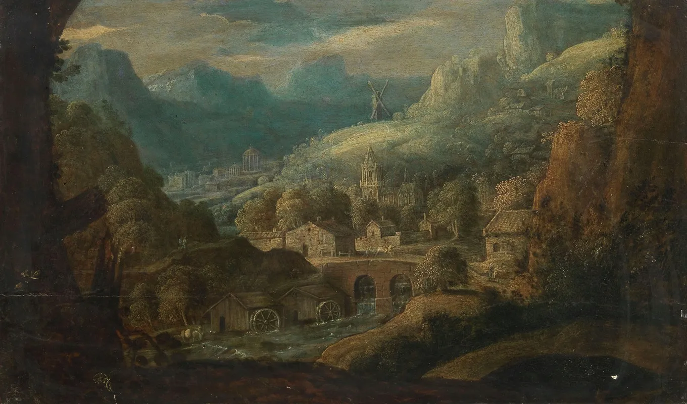 A Mountainous River Landscape With Water Mills And A Village Beyond Wall Art by Tobias Verhaecht - High-Resolution Digital Print