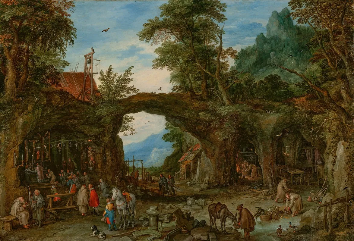 A Mountainous Wooded Landscape With Hermits And A Mass Being Held At A Shrine Wall Art by Jan Brueghel The Elder - High-Resolution Digital Print