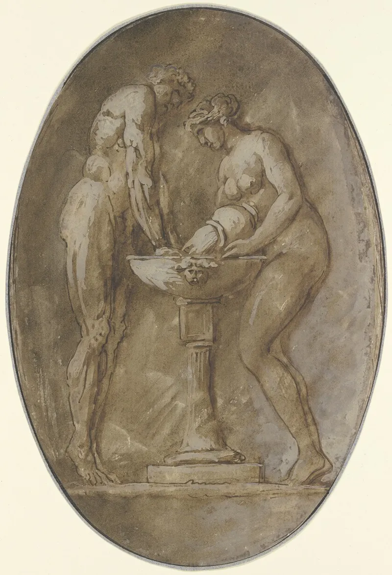 A Naked Man Standing On Tiptoes Holds His Hands In A Basin Into Which A Naked Woman Standing Opposite The Man Is Pouring Water Wall Art by Etienne Vallée - High-Resolution Digital Print